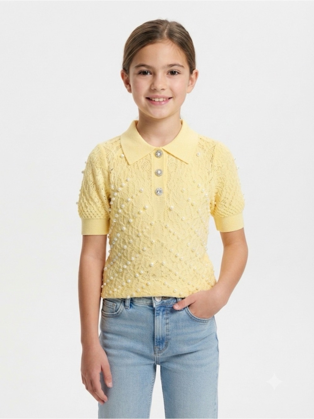 Lizette Collection Butter Yellow Lace Pearl Polo Top